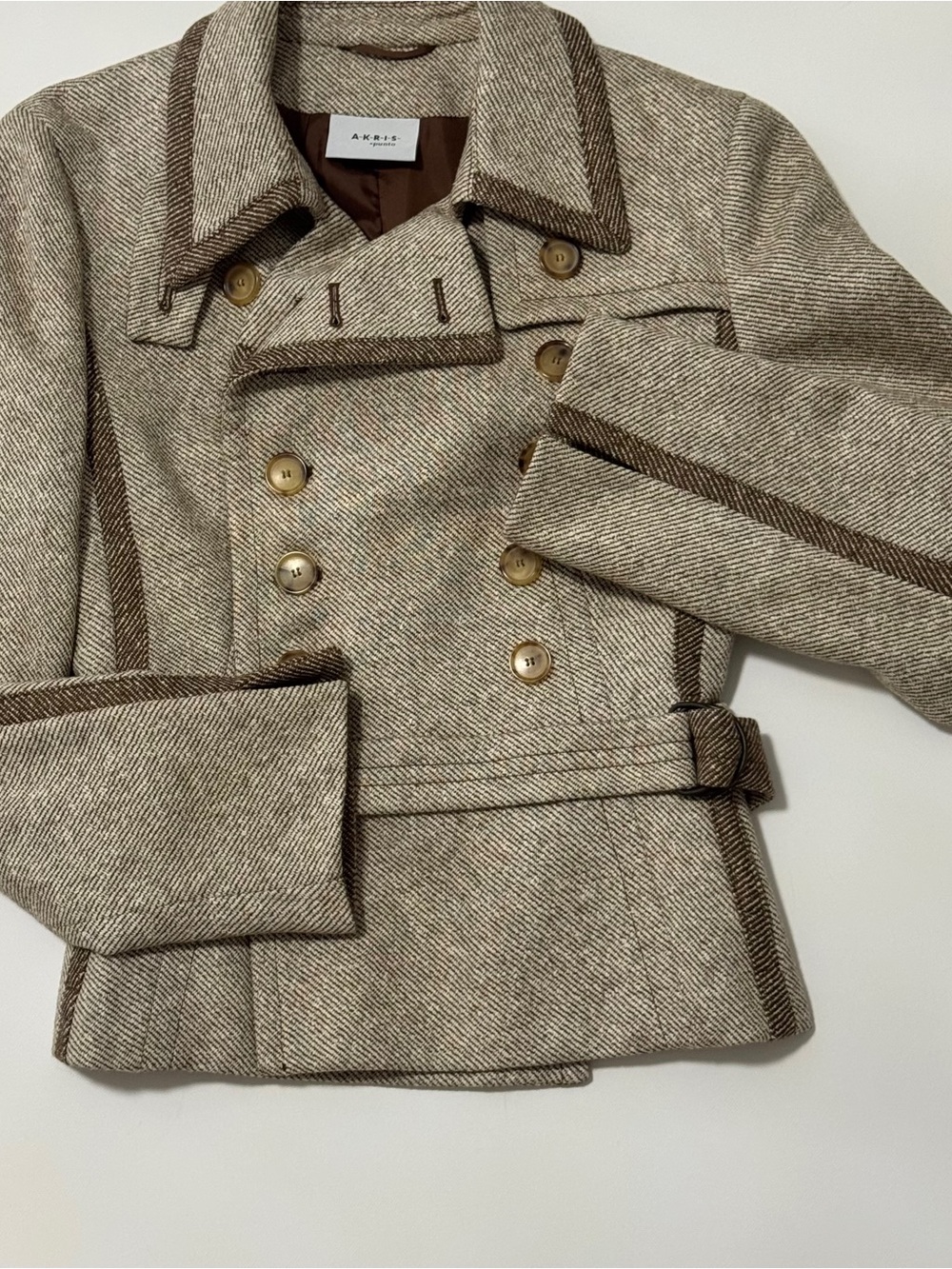 Akris Beige and Brown Herringbone Double-Breasted Pea Coat